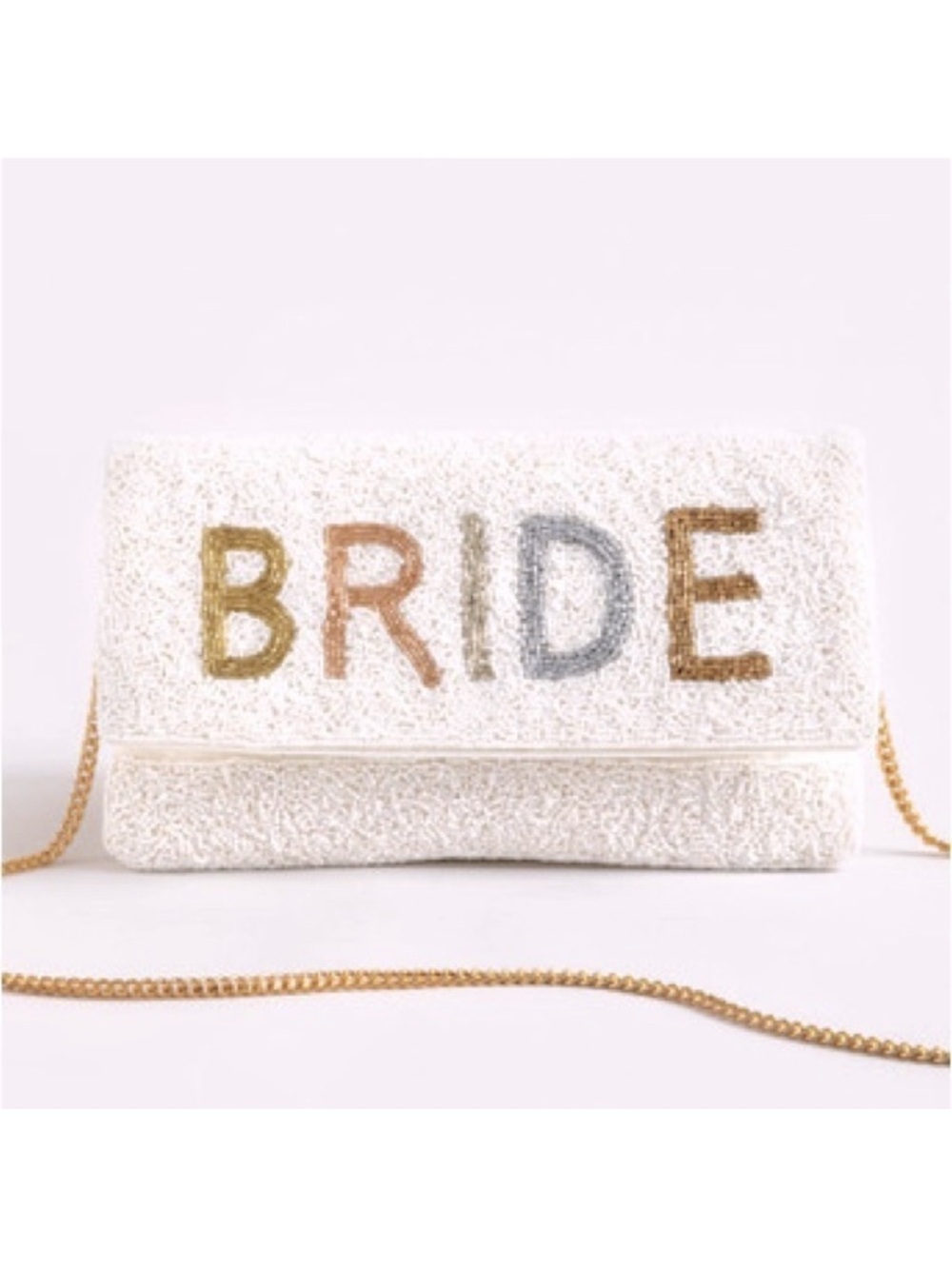Francesca's Collections White Beaded BRIDE Clutch with Gold Chain